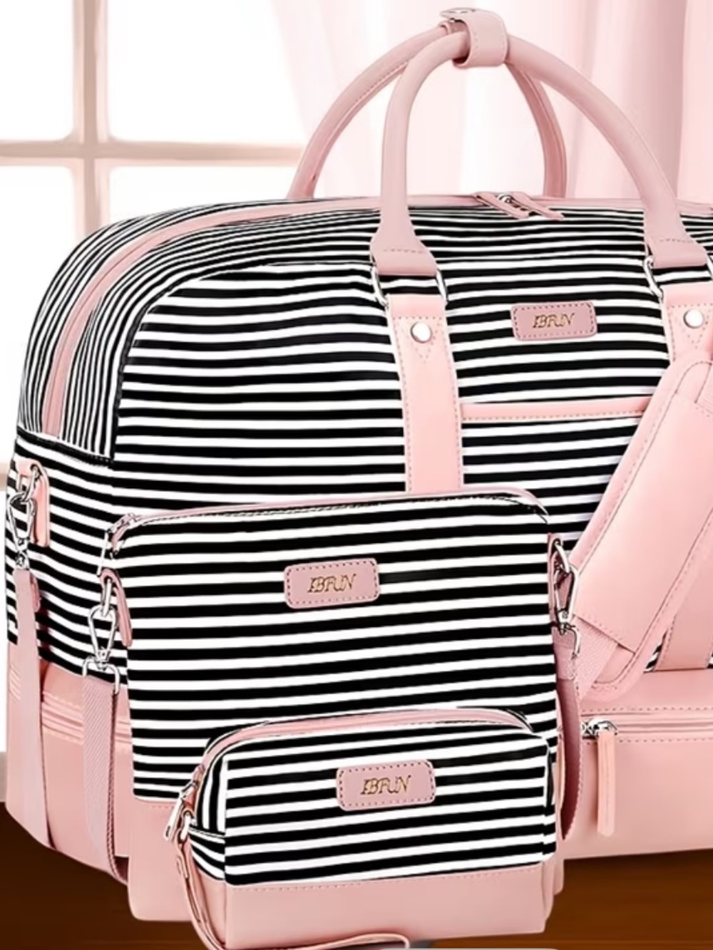 WEEKENDER STRIPED CANVAS TRAVEL TOTE BAG SET with SHOE COMPARTMENT NWT - Picture 9 of 9